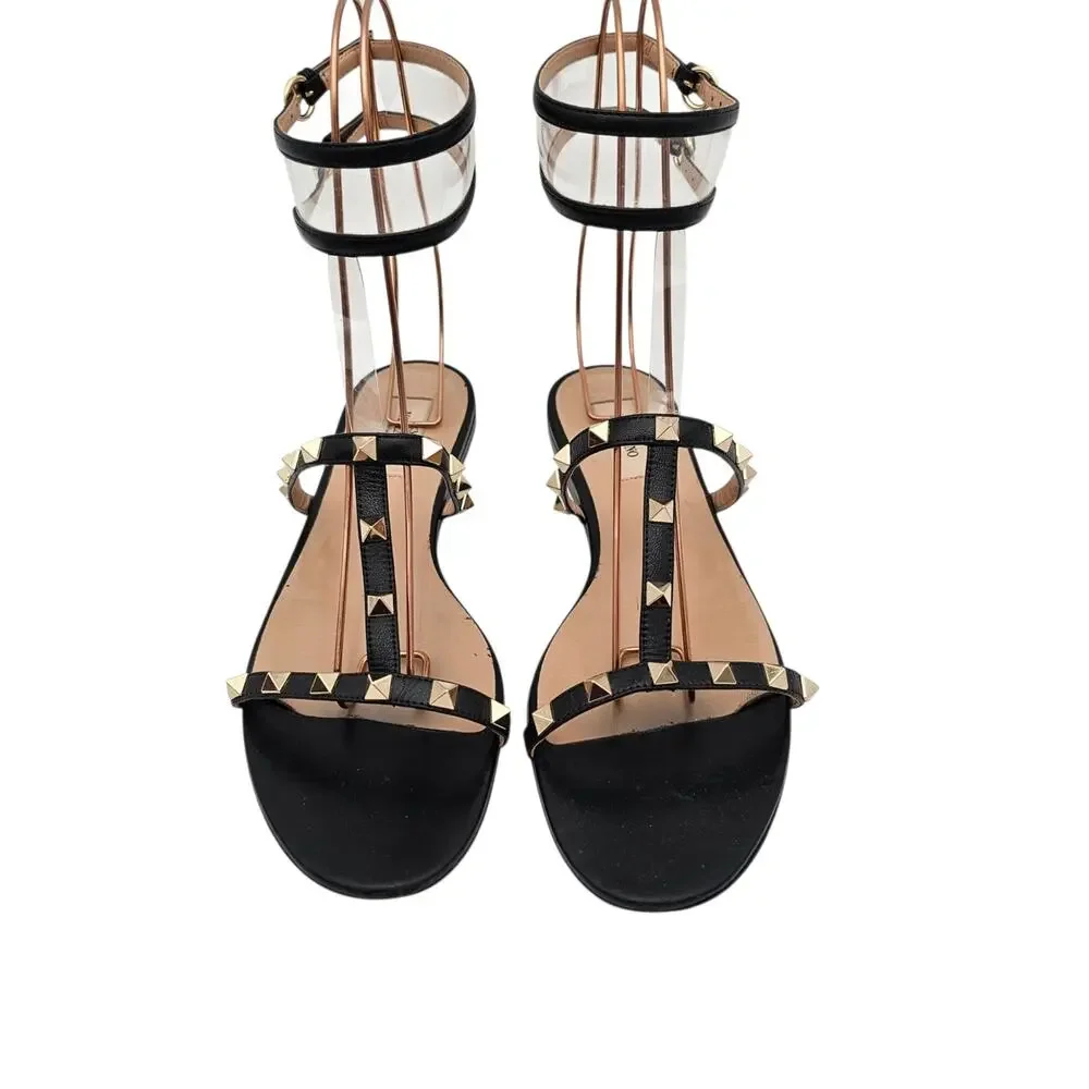 Valentino Garavani Rockstud Cage Flat Sandal Black Leather Gold Size 39.5 9.5